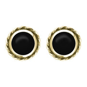 9ct Yellow Gold Whitby Jet Round Twist Edge Stud Earrings. E134.