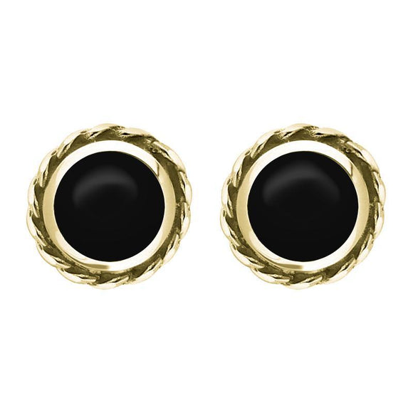9ct Yellow Gold Whitby Jet Round Twist Edge Stud Earrings. E134.