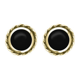 9ct Yellow Gold Whitby Jet Round Twist Edge Stud Earrings. E134.