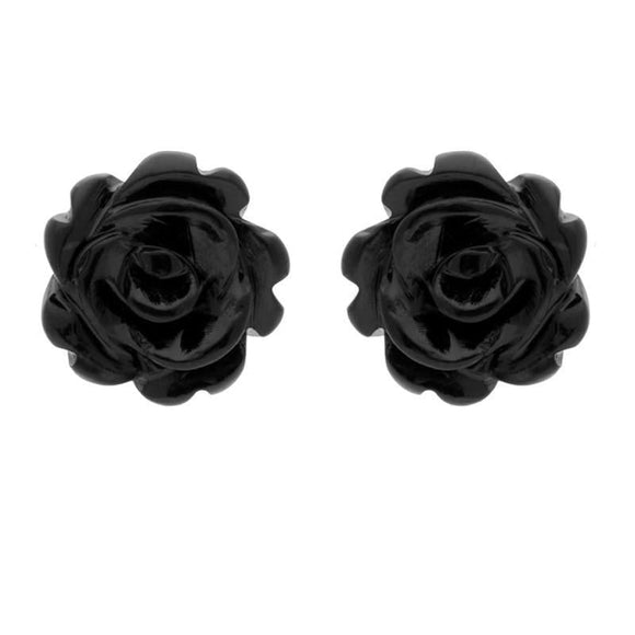 9ct Yellow Gold Whitby Jet Small Carved Rose Stud Earrings E2151