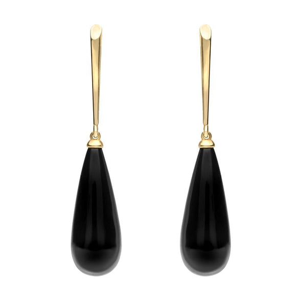 9ct Yellow Gold Whitby Jet Tapered Drop Earrings, E1426.