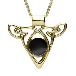 9ct Yellow Gold Whitby Jet Triangle Knot Celtic Necklace. P261.