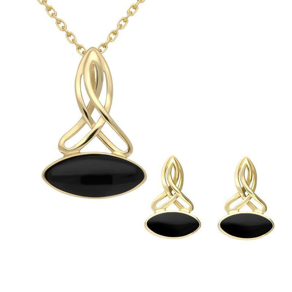 9ct Yellow Gold Whitby Jet Wide Marquise Celtic Two Piece Set