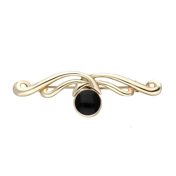 9ct Yellow Gold Whitby Jet Willow Drop Bar Brooch. M116.