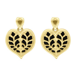 9ct Yellow Gold Whitby Jet York Minster Heart Stud Drop Earrings. E2386.
