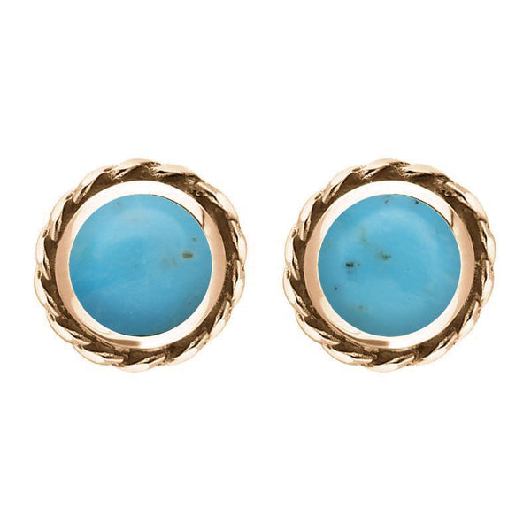 9ct Rose Gold Turquoise Round Twist Edge Stud Earrings. E134.