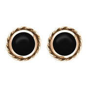9ct Rose Gold Whitby Jet Round Twist Edge Stud Earrings. E134.