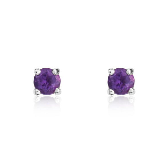 9ct White Gold Amethyst 3mm Round Claw Set Stud Earrings. 33-51-069.