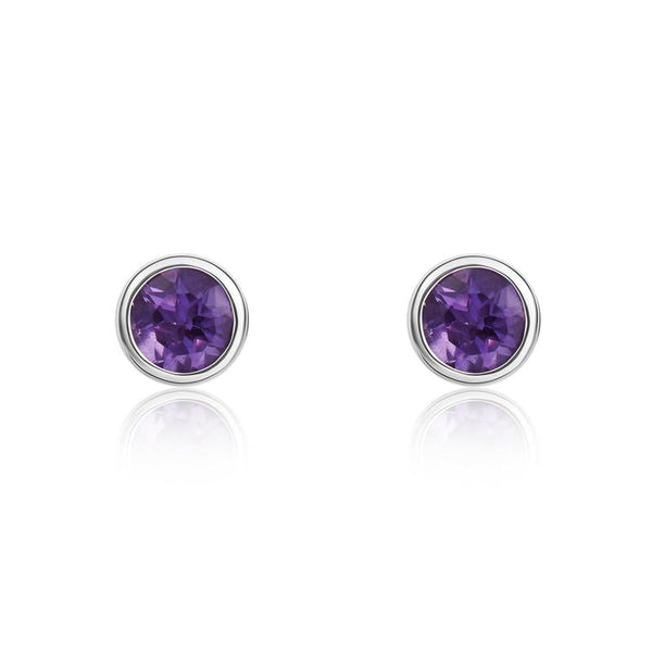 9ct White Gold Amethyst 3mm Round Rub Over Set Stud Earrings. 33-51-071.