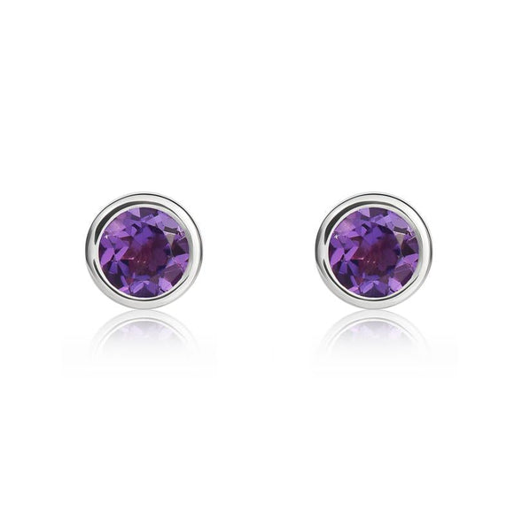9ct White Gold Amethyst 4mm Round Rub Over Set Stud Earrings. 33-51-070.9ct White Gold Amethyst 4mm Round Rub Over Set Stud Earrings. 33-51-070.