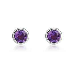 9ct White Gold Amethyst 4mm Round Rub Over Set Stud Earrings. 33-51-070.9ct White Gold Amethyst 4mm Round Rub Over Set Stud Earrings. 33-51-070.