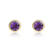 9ct Yellow Gold Amethyst 4mm Round Rub Over Set Stud Earrings, 33-51-028.