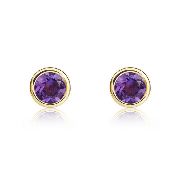 9ct Yellow Gold Amethyst 4mm Round Rub Over Set Stud Earrings, 33-51-028.