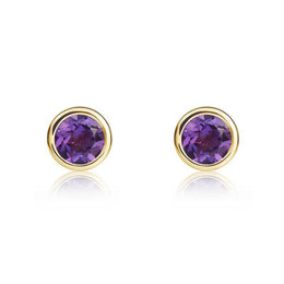 9ct Yellow Gold Amethyst 4mm Round Rub Over Set Stud Earrings, 33-51-028.