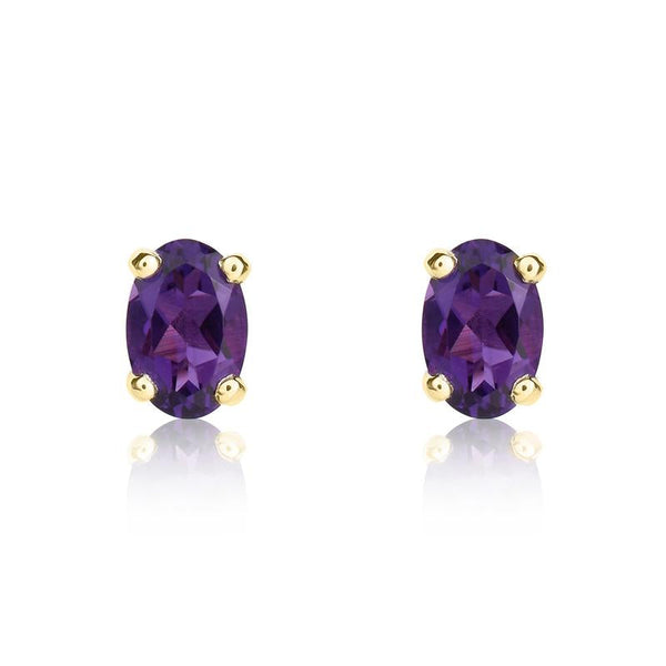 9ct Yellow Gold Amethyst 6x4mm Oval Claw Set Stud Earrings. 33-51-009.