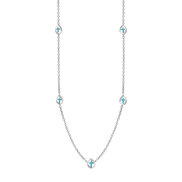 9ct White Gold Turquoise Cross Link Disc Chain Necklace, N748.