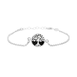 Sterling Silver Whitby Jet Round Tree of Life Chain Bracelet