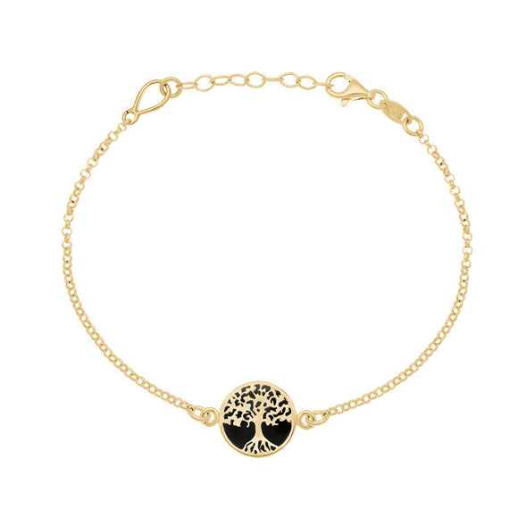 9ct Yellow Gold Whitby Jet Round Tree of Life Chain Bracelet
