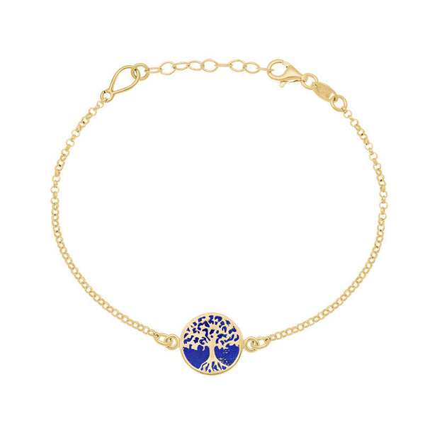 9ct Yellow Gold Lapis Lazuli Round Tree of Life Chain Bracelet