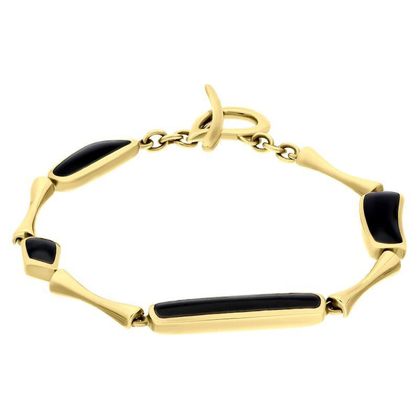 9ct Yellow Gold Whitby Jet Four Stone Organic Pear T Bar Bracelet, B472.