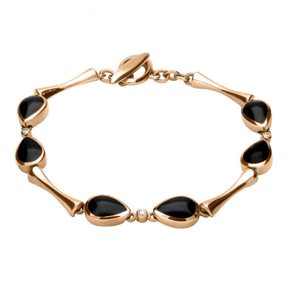 00082994 18ct Rose Gold Whitby Jet 0.09ct Diamond Six Stone Pear Bracelet, B530.