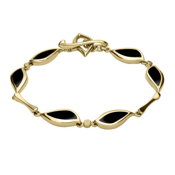 00084109 9ct Yellow Gold Whitby Jet Six Stone Leaf Bracelet, B527.