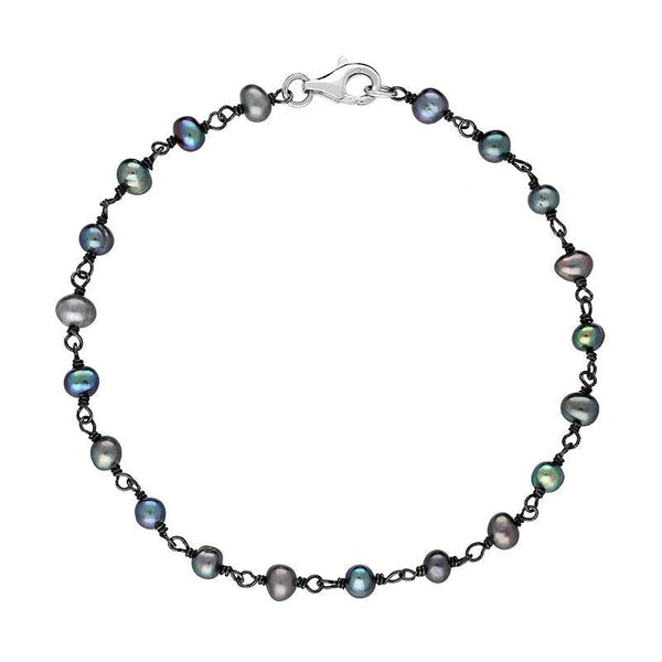 00117740 Sterling Silver Black Pearl Bead Chain Link Bracelet, B945B.