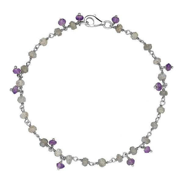 00117752  Sterling Silver Labradorite Amethyst 4mm Bead Chain Link Bracelet, B945.