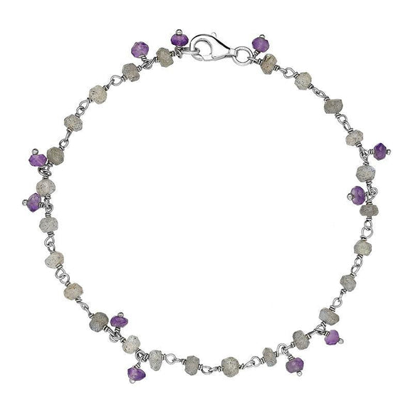 00117752  Sterling Silver Labradorite Amethyst 4mm Bead Chain Link Bracelet, B945.