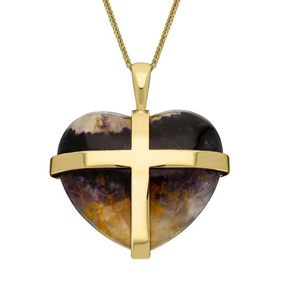 C W Sellors 18ct Yellow Gold Blue John Large Unique Cross Heart Necklace. PUNQ0005541