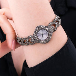 C W Sellors Sterling Silver Marcasite Diamond Bezel Heart Shaped Strap Watch. HW9 