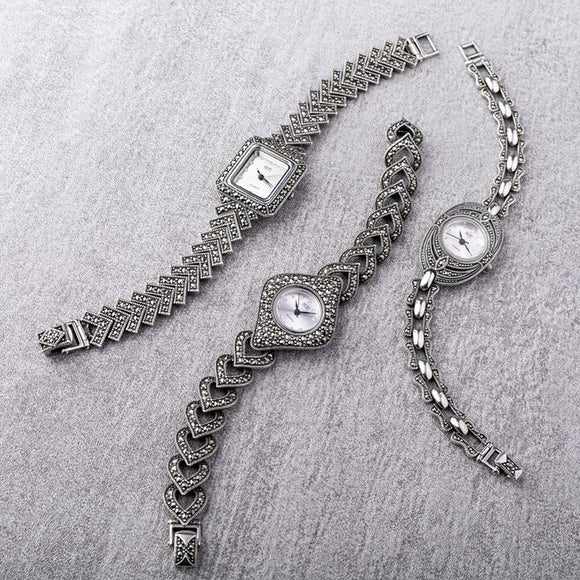 C W Sellors Sterling Silver Marcasite Diamond Bezel Heart Shaped Strap Watch. HW9 