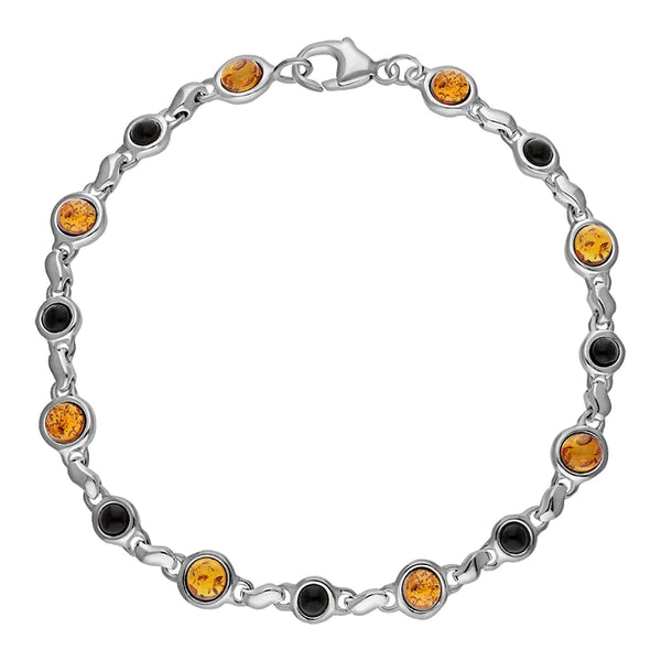 Sterling Silver Whitby Jet Amber Alternating Round Bead Bracelet