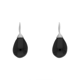 Sterling Silver Whitby Jet Oval Bead Hook Earrings, E1477.