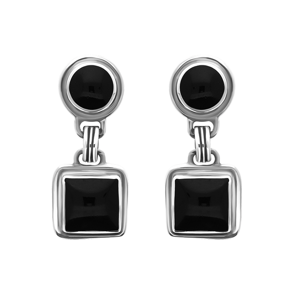 Sterling Silver Whitby Jet Round Top Square Drop Earrings E214