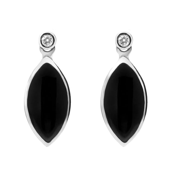00108069 C W Sellors 9ct White Gold Whitby Jet Diamond Marquise Shaped Drop Earrings E736.