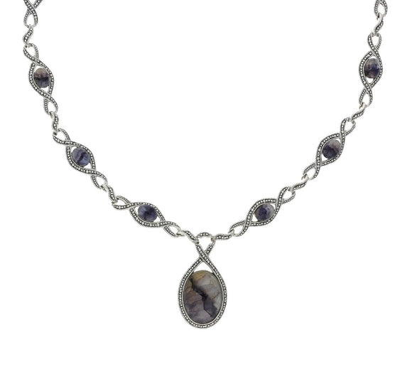Sterling Silver Blue John Marcasite Thirteen Stone Twist Link Necklace