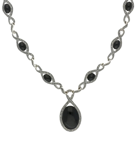 Sterling Silver Whitby Jet Marcasite Thirteen Stone Twist Link Necklace