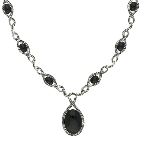 Sterling Silver Whitby Jet Marcasite Thirteen Stone Twist Link Necklace