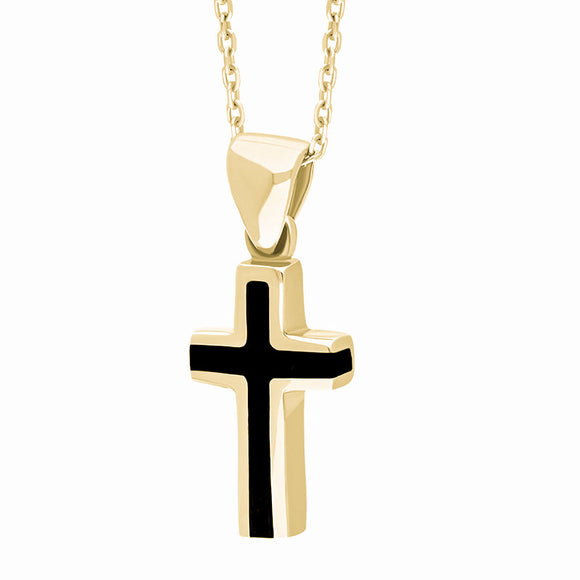 9ct Yellow Gold Whitby Jet Small Slim Cross Necklace. P1050.