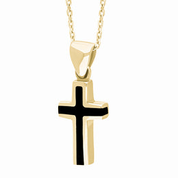 9ct Yellow Gold Whitby Jet Small Slim Cross Necklace. P1050.