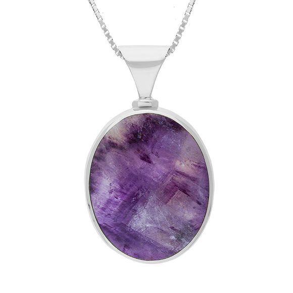 9ct White Gold Blue John Mother of Pearl Hallmark Double Sided Oval Necklace, P147_FH