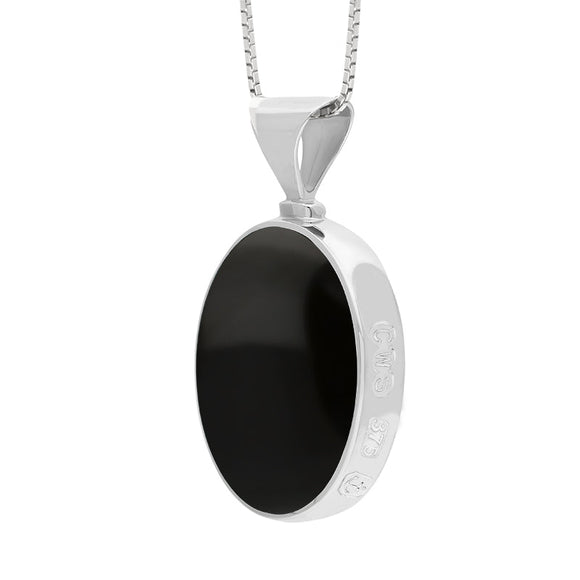 9ct White Gold Whitby Jet Malachite Hallmark Double Sided Oval Necklace