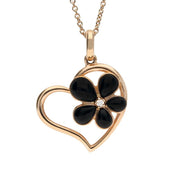 00121066 C W Sellors 18ct Rose Gold Whitby Jet and Diamond Flower Heart Necklace, P2729.