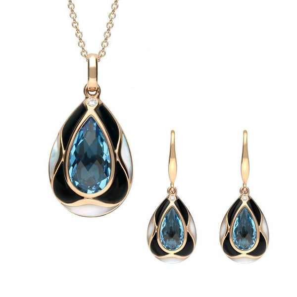 18ct Rose Gold Whitby Jet Diamond Topaz Mother of Pearl Two Piece Set