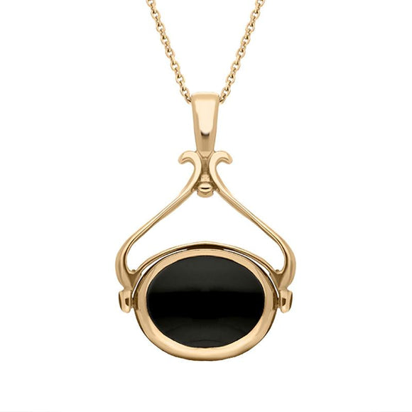 00115851 W Hamond 9ct Rose Gold Whitby Jet Malachite Oval Space Swivel Fob Necklace, P122_11.