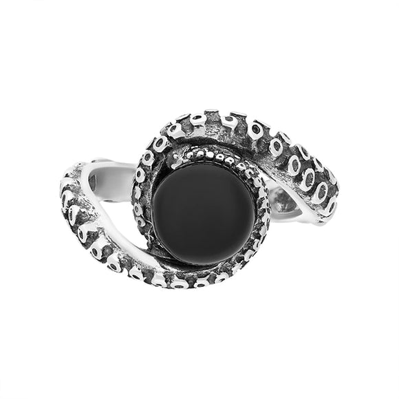 Sterling Silver Whitby Jet Bead Twist Tentacle Ring