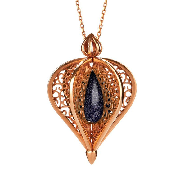Rose Gold Vermeil Blue Goldstone Flore Filigree Droplet Necklace P2330C
