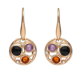 Rose Gold Vermeil Whitby Jet Amethyst Amber Bubble Drop Earrings, E2529.