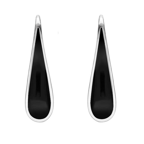 Sterling Silver Whitby Jet Curved Pear Hook Earrings. E2011.